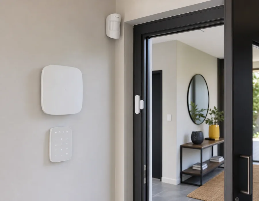 Wireless alarm hub, keypad and security detectors installed at a property in Gauteng