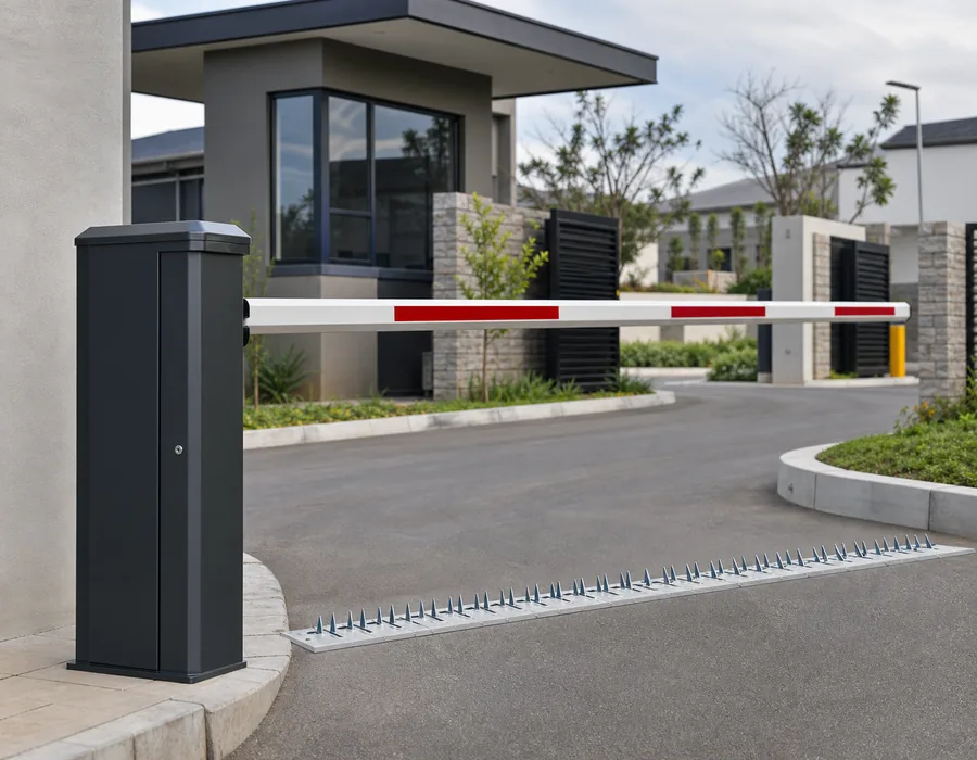 Security boom and roadway spikes installed at a controlled vehicle entrance in Gauteng